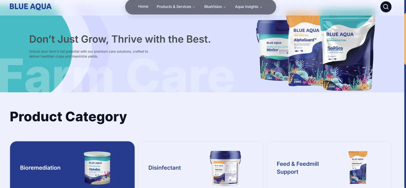 Blue Aqua Farm Care category page with product renders