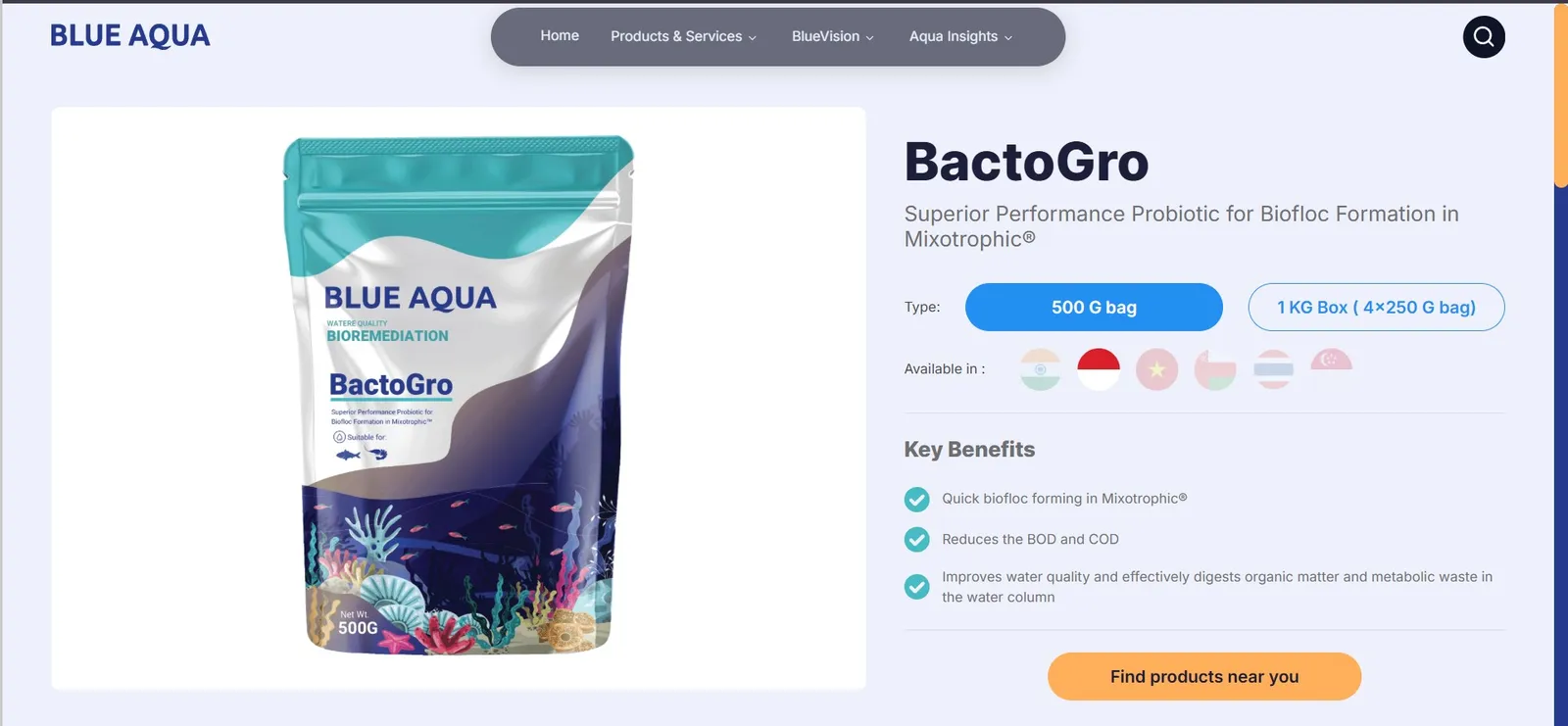 Blue Aqua BactoGro product page with pack sizes and availability