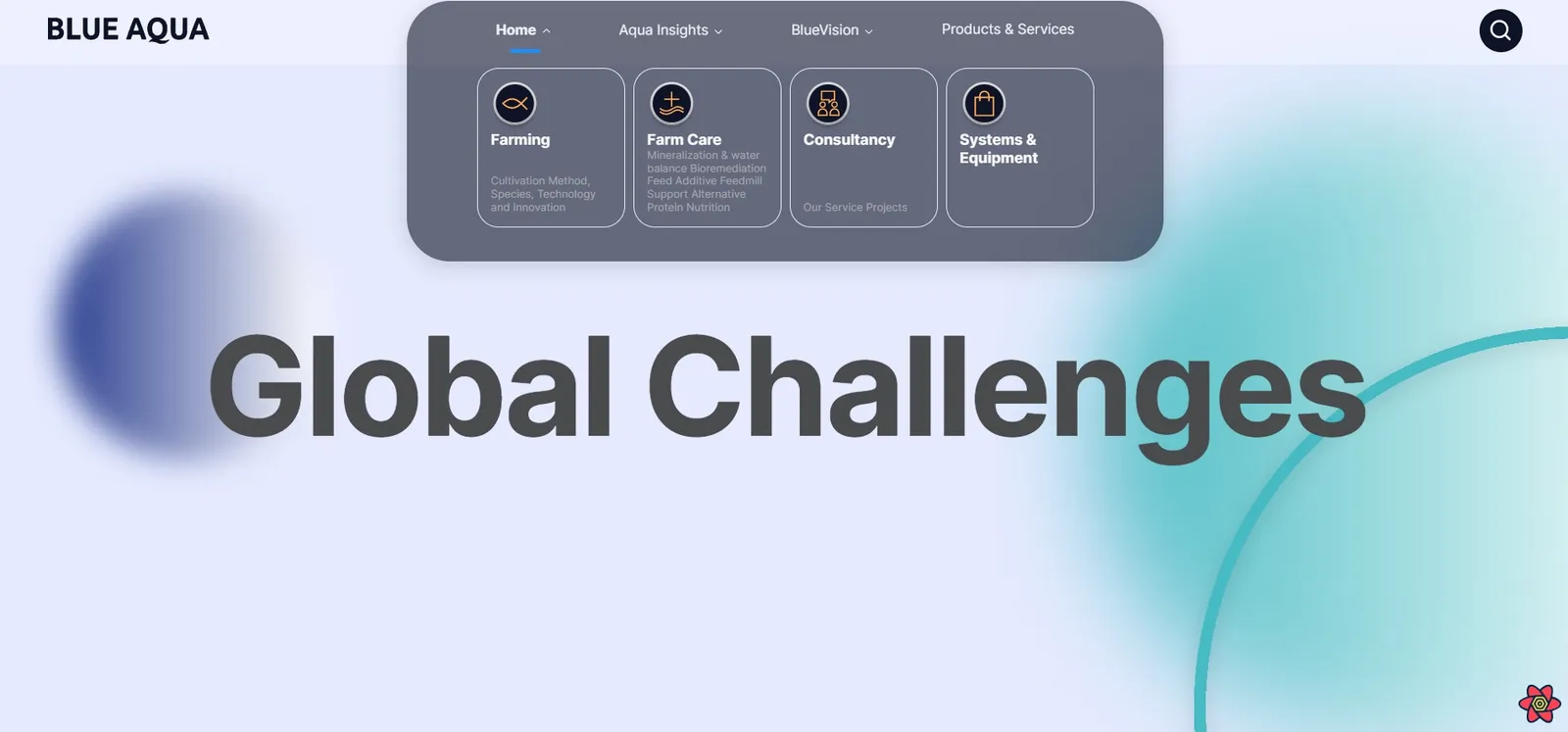 Blue Aqua Global Challenges section with mega menu open