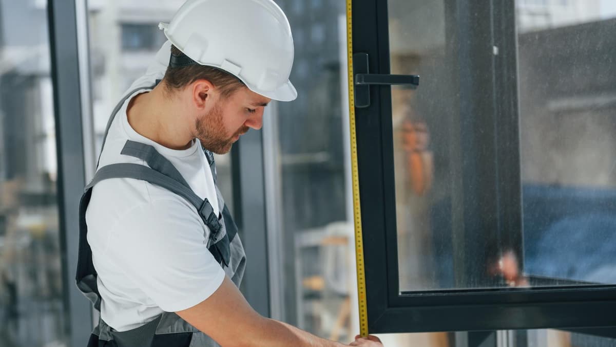 Window installer measuring a window frame in a modern room