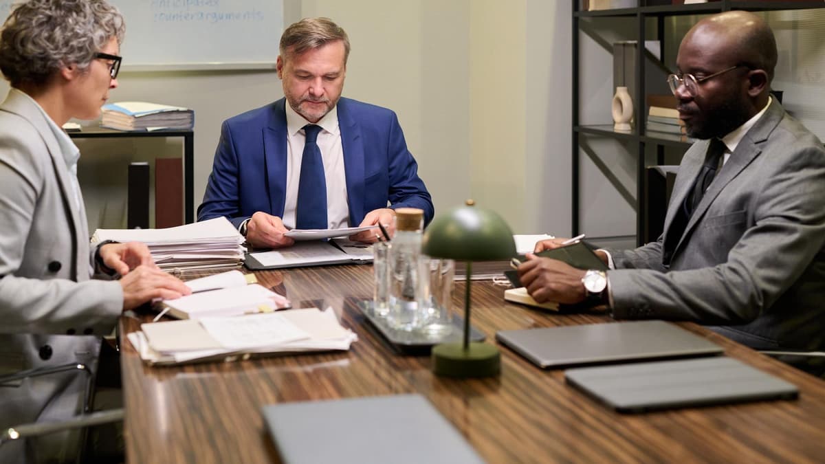 Three lawyers in suits discuss documents around a wooden conference table in a law office