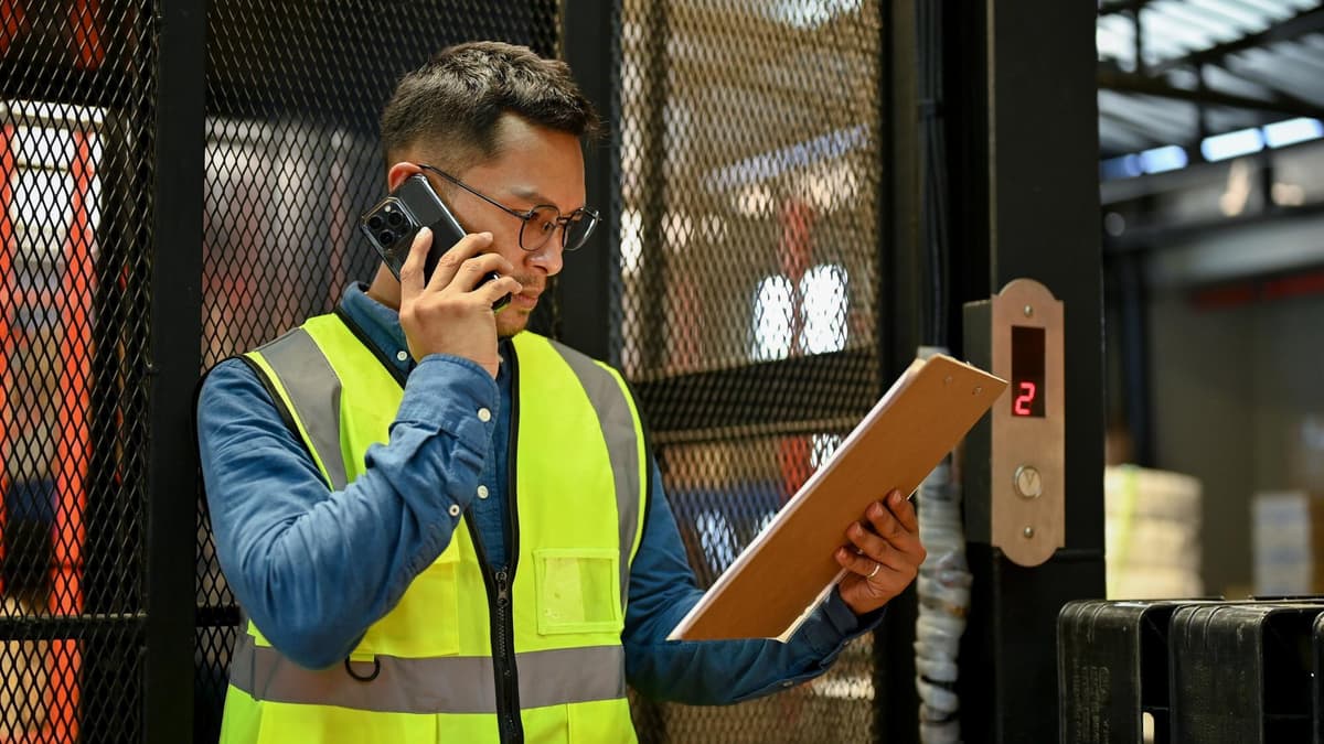 Warehouse supervisor on a phone call checking notes on a clipboard