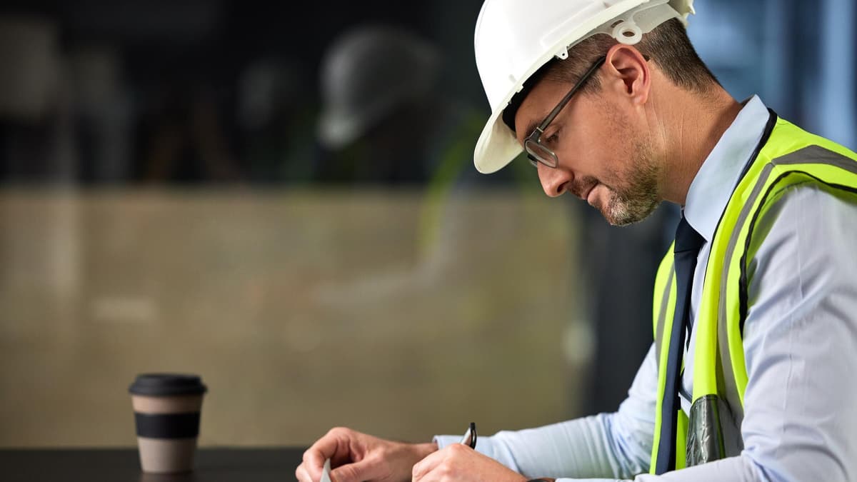 Contractor in a hard hat reading and filling out paperwork before signing