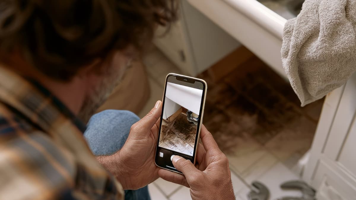 Homeowner taking a smartphone photo of damage at home to send with a quote request