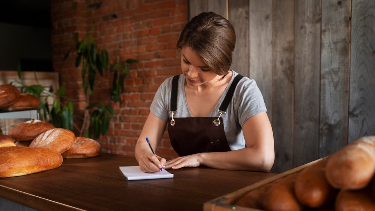 Bakery owner taking notes at her pastry counter before signing an SEO contract