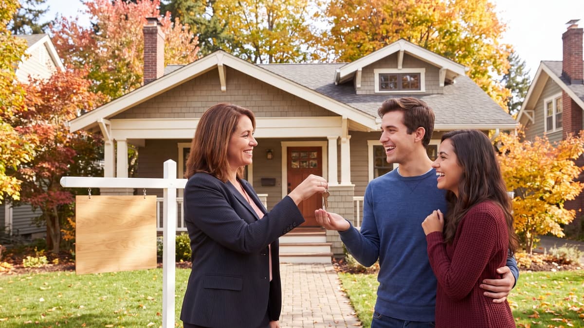 Agent handing house keys to a happy couple in front of their new suburban home