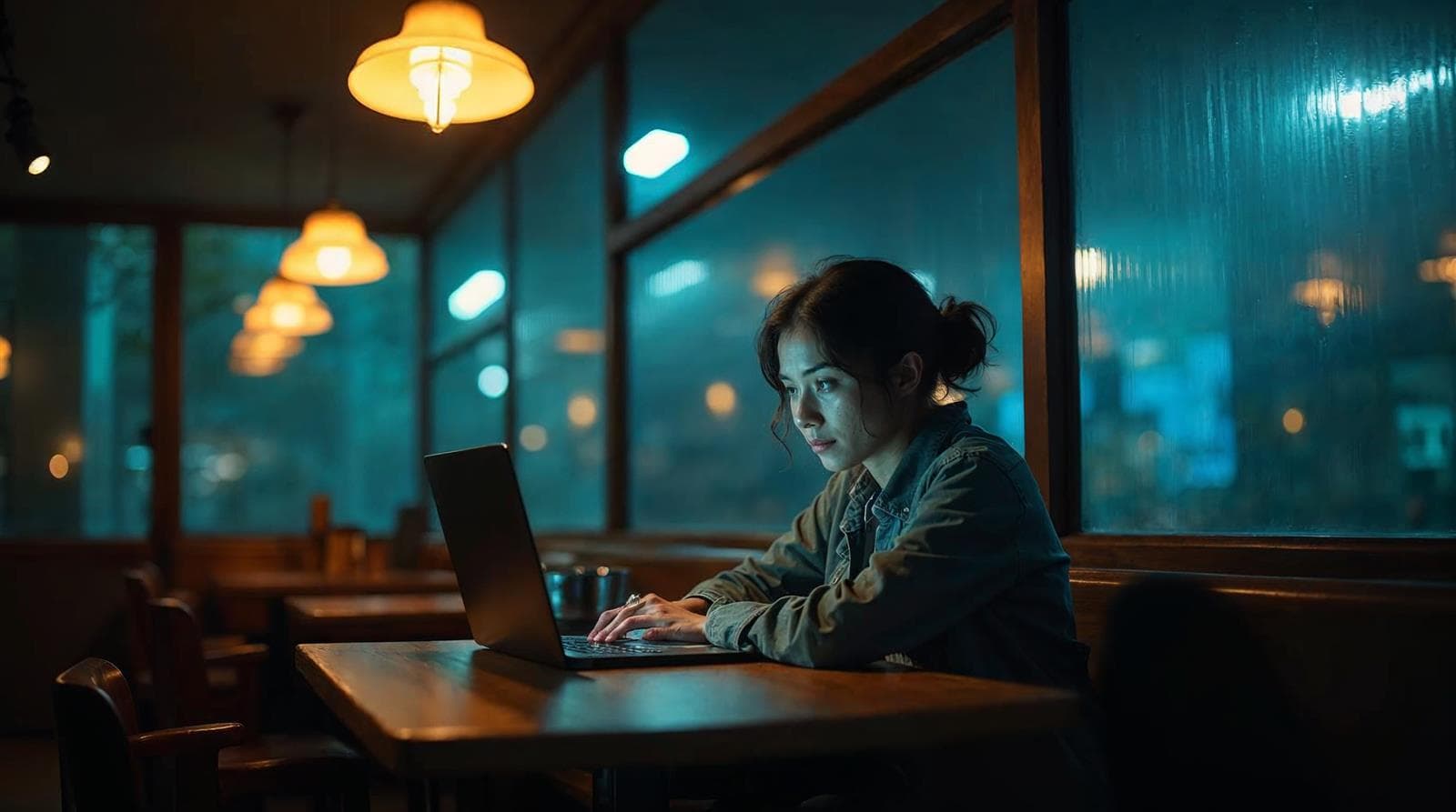 Cafe owner checking her website