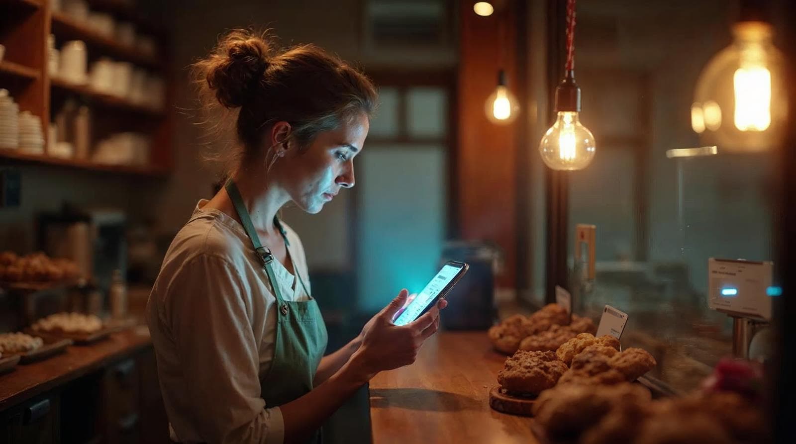 Bakery owner checking her phone at dawn as generative engine optimization gets her shop cited by AI assistants