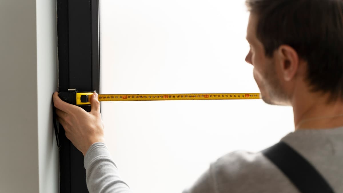 Glass installer measuring a window frame at a customer