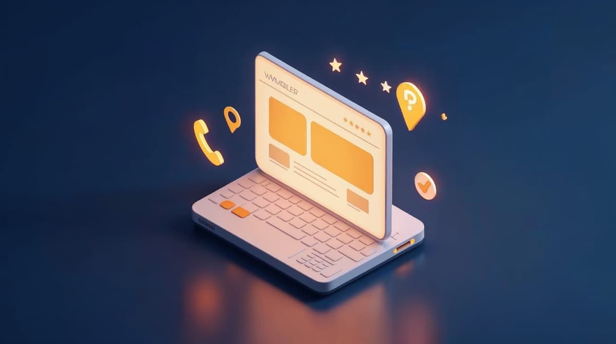 Isometric illustration of a website homepage with a phone icon, map pin and review stars floating around it