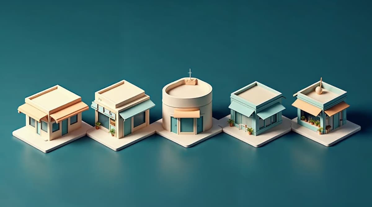 Row of small storefronts side by side representing different small business industries, isometric illustration