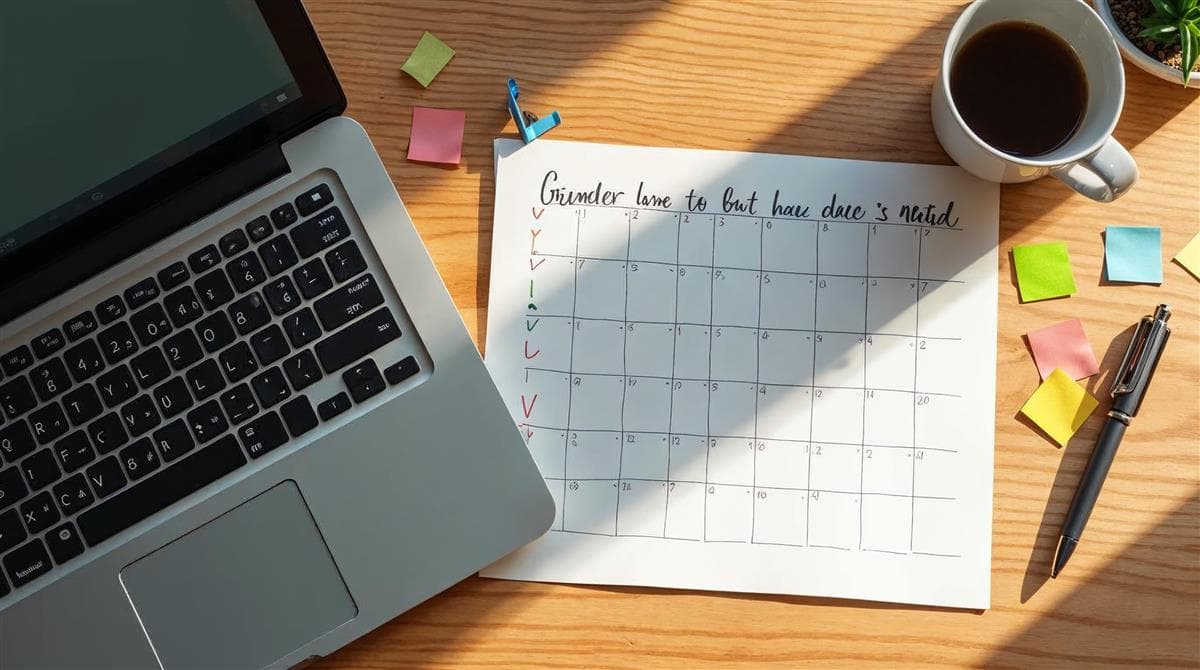 Desk with laptop, calendar check marks and coffee for a 30-day generative engine optimization plan