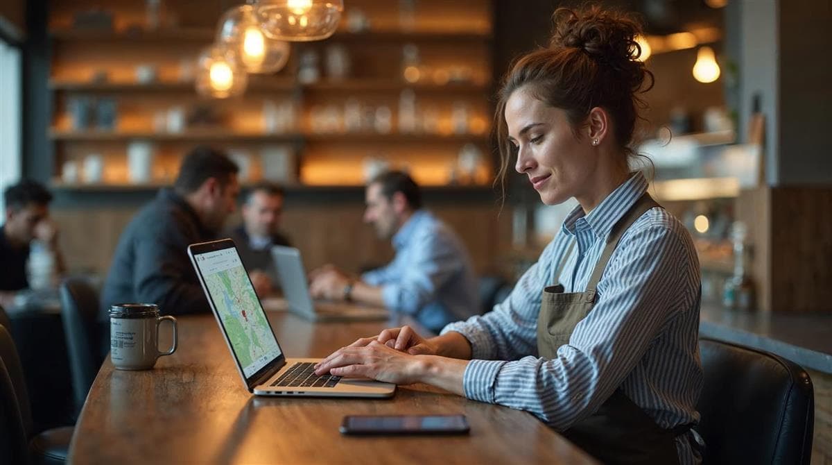 Business owner updating a Google Business Profile on a laptop, with an agency team working in the background