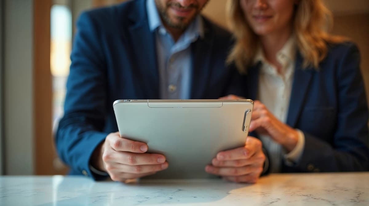 Business owner and designer reviewing a small business website checklist together on a tablet