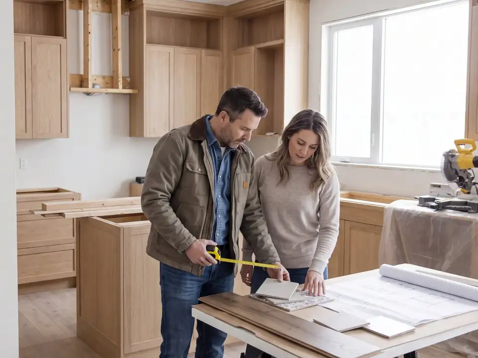 A remodeling contractor measures a cabinet sample with the homeowner in a kitchen mid-renovation, plans spread on the work table