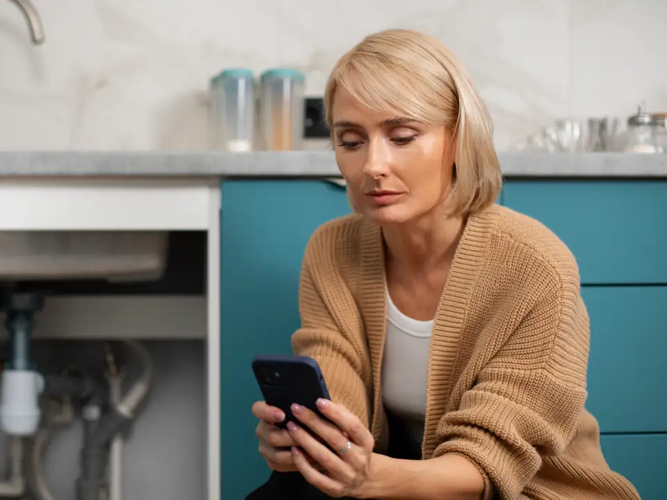 A homeowner kneels by a leaking kitchen sink, searching for a plumber on her phone