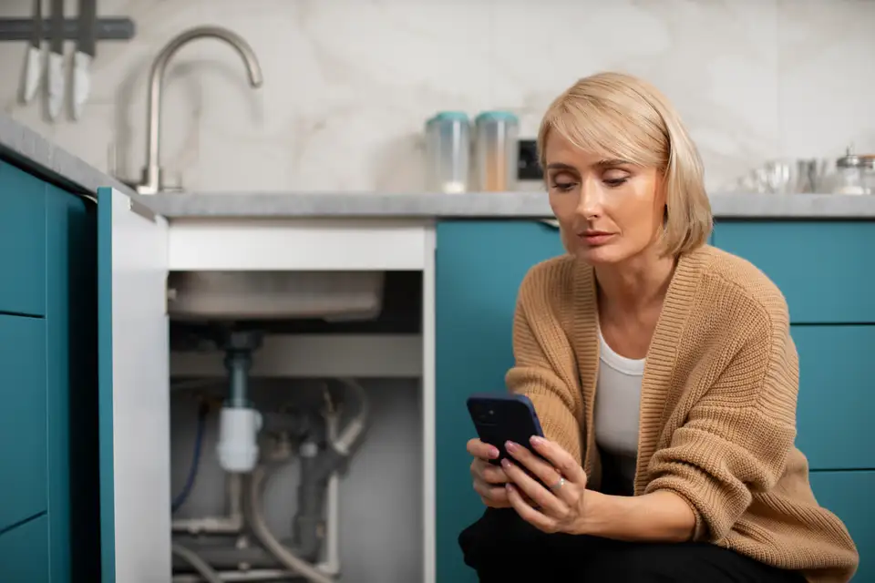 A homeowner kneels by an open sink cabinet with a leak, searching on her phone